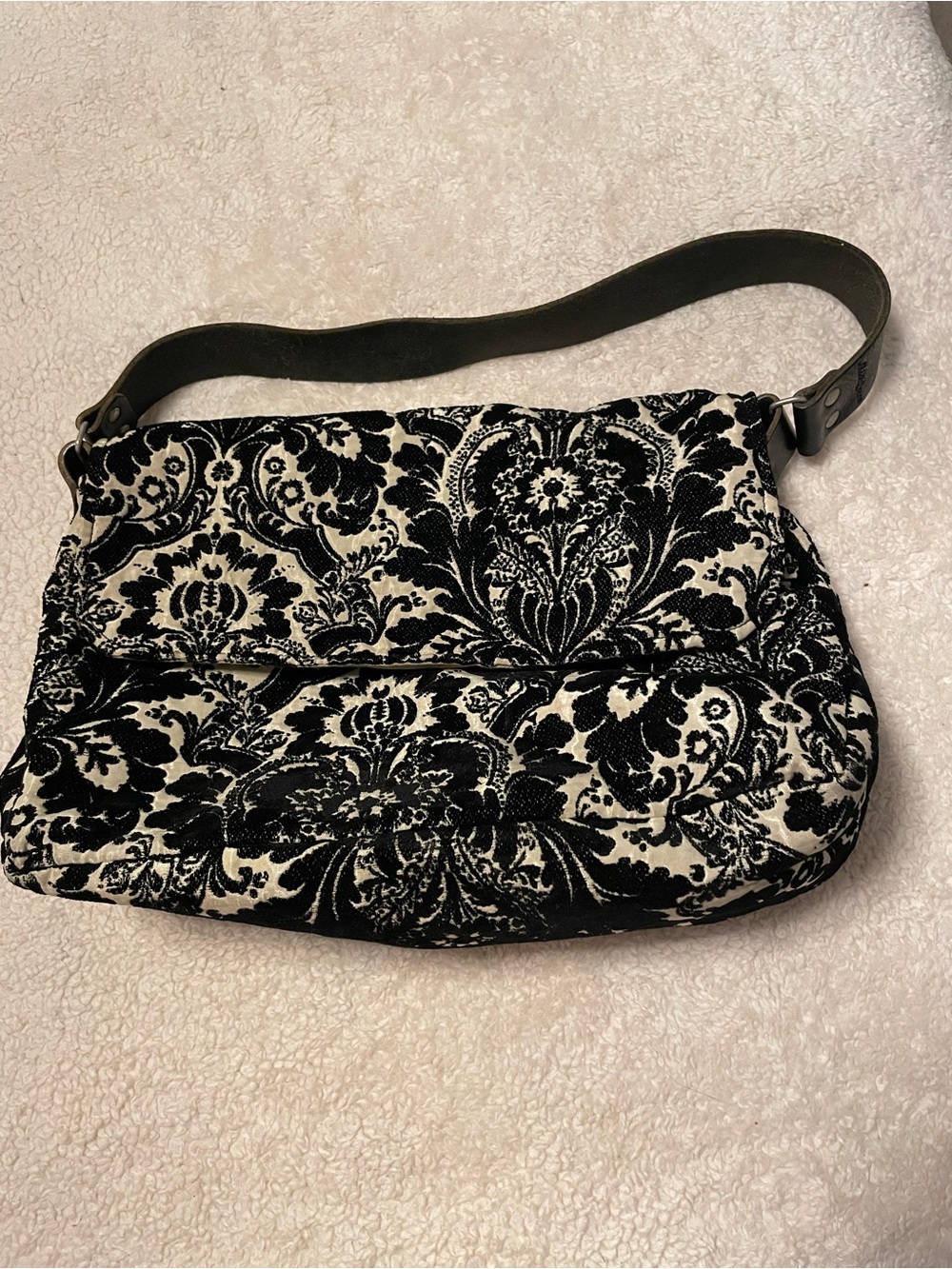 Black & Cream Damask Shoulder Bag with Leather Strap